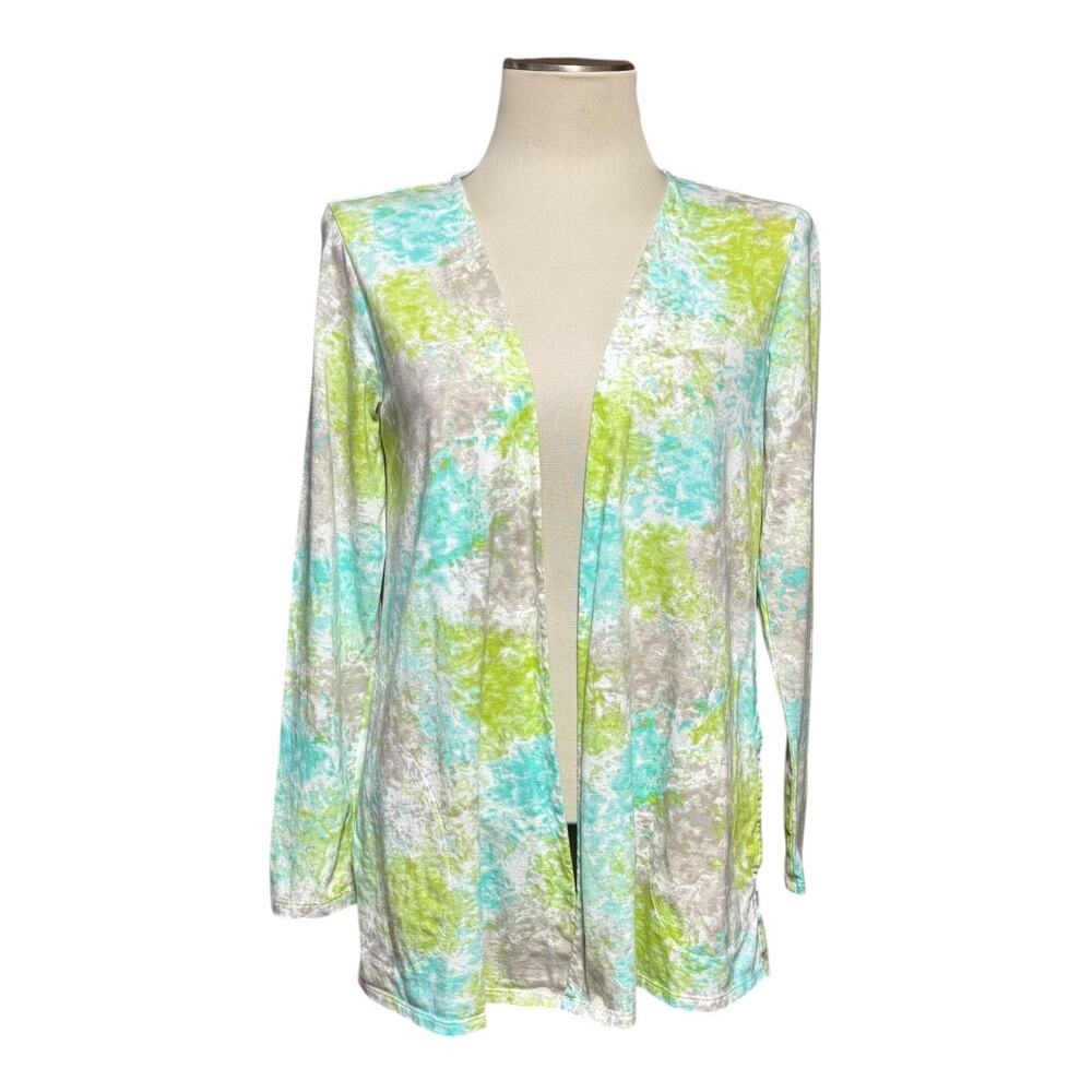 J.Jill Pure Jill Batik Jacket Open Cardigan Pockets Green Teal Blue Gray Small
